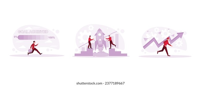 Achieved progress loading bar. Two businessmen are flying a rocket. Man running towards goal. In Progress concept. set trend modern vector flat illustration