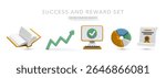 Achievement 3D Icons Featuring Book, Growth Arrow, Monitor With Checkmark, Chart, And Certificate. Ideal For Online Learning, Performance Tracking, And Success Themes. Vector Illustration.
