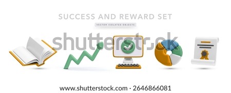 Achievement 3D Icons Featuring Book, Growth Arrow, Monitor With Checkmark, Chart, And Certificate. Ideal For Online Learning, Performance Tracking, And Success Themes. Vector Illustration.