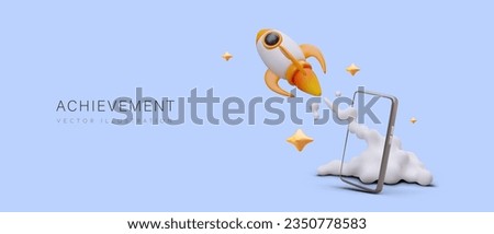 Achievement. 3D rocket takes off from giant smartphone. Product launch on market. Successful implementation of project. Horizontal concept on purple background, place for text