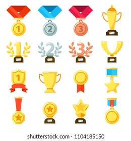 Achievement award, achiever trophy, achievements ribbon medal star icon. Gold, silver, bronze medals bowl winner cup of success vector flat isolated icons set