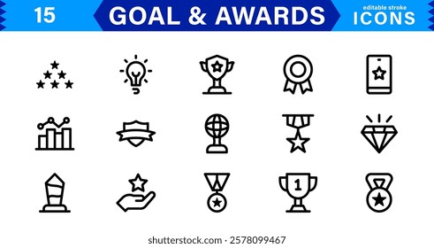 Achievement and Award Icon Set. Vector Icons for Trophies, Medals, Success, Milestones, and Goals