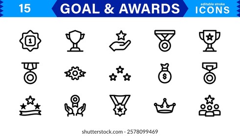 Achievement and Award Icon Set. Vector Icons for Trophies, Medals, Success, Milestones, and Goals