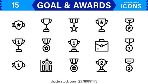 Achievement and Award Icon Set. Vector Icons for Trophies, Medals, Success, Milestones, and Goals