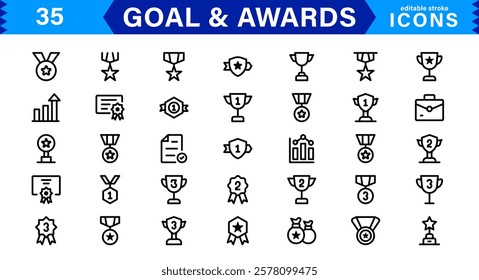 Achievement and Award Icon Set. Vector Icons for Trophies, Medals, Success, Milestones, and Goals