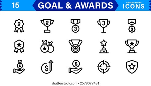 Achievement and Award Icon Set. Vector Icons for Trophies, Medals, Success, Milestones, and Goals