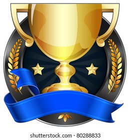 Achievement Award Trophy in Gold with Blue Ribbon, Vector Illustration. EPS 8.