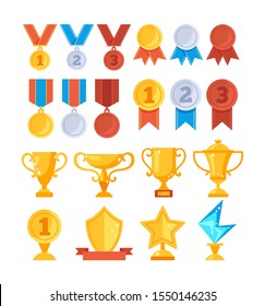 Achievement award trophy golden cup medal icon set. Vector flat graphic design cartoon illustration