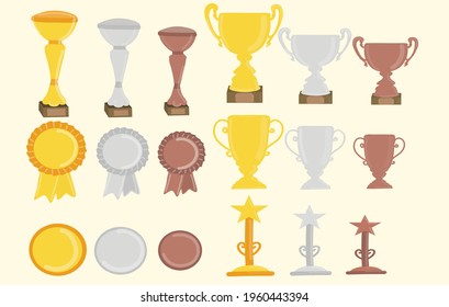 Achievement award trophy golden cup medal icon set. Sport award and prize, trophy cup illustr