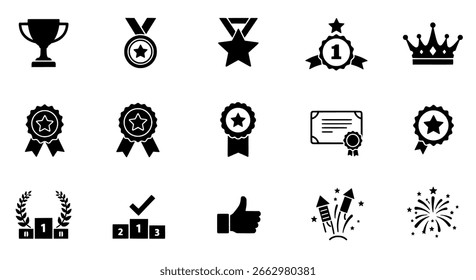 Conjunto de iconos de Vector de siluetas negras sólidas para conceptos de éxito, victoria y competencia.