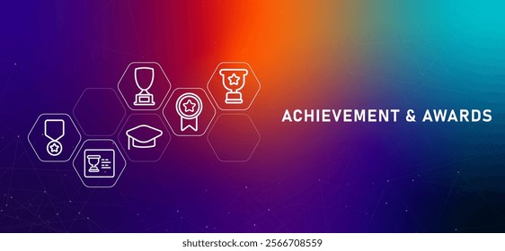 Achievement and awards web header gradients medal trophy emblem medallion gratitude design with icon