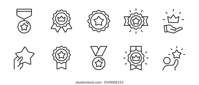 achievement badge award icon set success winner certified medal vector with star and crown emblem outline style signs illustration for web and app