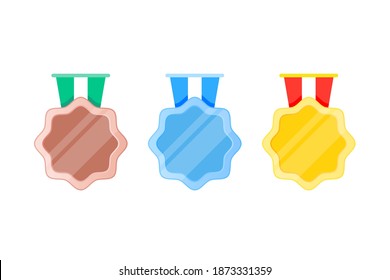 Achievement Badges In Bronze, Blue And Yellow. Winner Icons. Medal Icons. Game Rating Icons With Medals. Level Results Vector Icon Design For Game. Level Up Award Winner Cartoon Isolated Vector Medal.