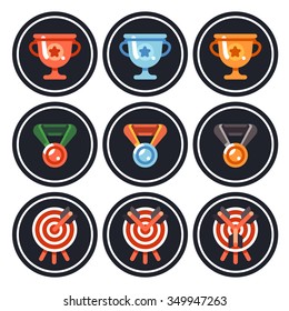 Achievement badges. Cup, medal, target. Vector flat gamification icons. 