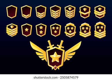 Achievement badges decorated with wings. War game ranking badge set with stars. Vector illustration of an award medal made of gold.