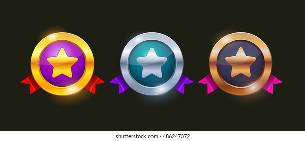 Achievement Badges In Gold, Silver And Bronze. Winner Icon. Medal Icon. Game Rating Icons With Medals. Level Results Vector Icon Design For Game.