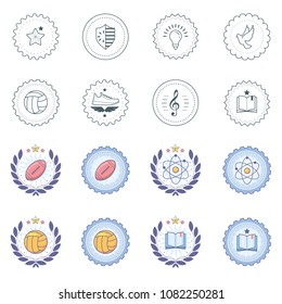 Achievement Badges. Set of soft colour badges and label logo graphics. Design elements, business signs, labels, logos, circle design with gear and wreath.