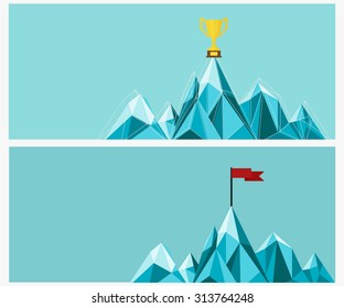 Achievement banner set. Trophy and Flag on mountain. Vector Illustration.