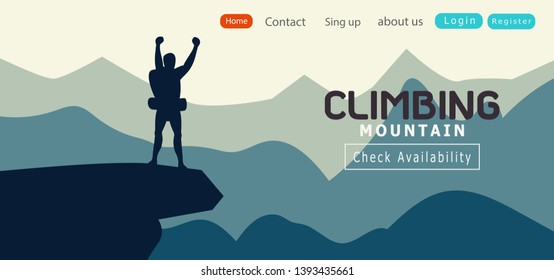 Achievement banner Silhouette of Man celebration concept business Hope for success.happiness on mountain.Sport and active life background .Vector Illustration.