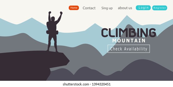 Achievement banner Silhouette of Man celebration concept business Hope for success.happiness on mountain.Sport and active life background .Vector Illustration.