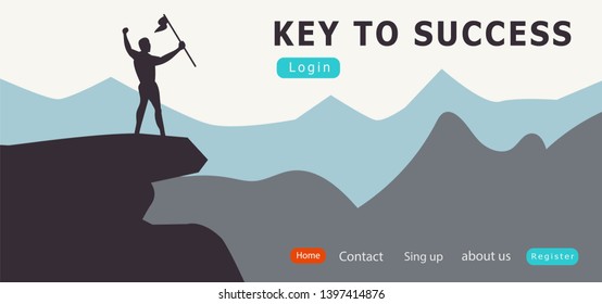 Achievement banner Silhouette of Man celebration concept business Hope for success.happiness on mountain.Sport and active life background .Vector Illustration.