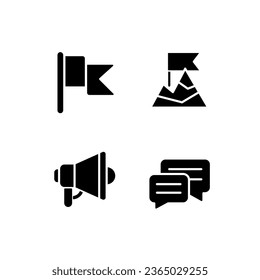 Achievement black glyph icons set on white space. Goal accomplishment. Success. Communication. Promotion and advertising. Silhouette symbols. Solid pictogram pack. Vector isolated illustration