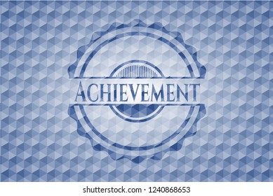 Achievement blue emblem or badge with abstract geometric polygonal pattern background.