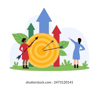 Achievement of business goal, direction to financial development and success strategy of company. Tiny people holding arrow to hit accuracy center of target circle cartoon vector illustration