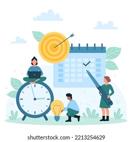 Achievement of business goals, time management success vector illustration. Cartoon tiny people work with laptop, pen and agenda calendar to mark date of important event, planning and sitting on clock