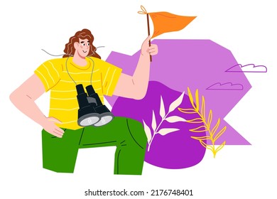 Achievement in business and going to the next level concept with woman setting flag, cartoon flat vector illustration isolated on white background. Goal achievement and success.