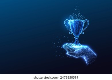 Achievement, business or sport success futuristic concept with hand holding trophy cup on dark blue background. Glowing low polygonal style. Modern abstract connection design vector illustration.