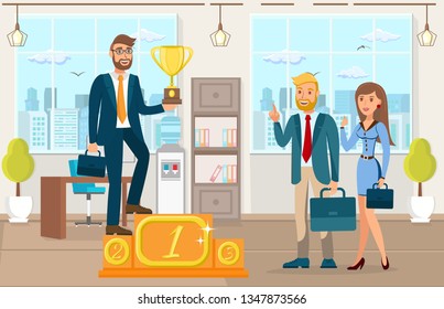 Achievement, Business Success Color Illustration. Businessman Standing on Pedestal Holding Trophy in Hand Cartoon Character. Entrepreneur Celebrating with Coworkers. Successful Business Development