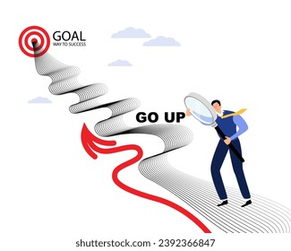 Achievement or business success, reaching goal or target, challenge and career growth concept, success businessman using magnifying glass analysing way to the top winning the goal.