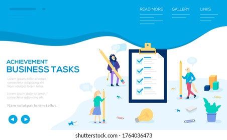 Achievement business tasks background. Modern illustration slider site page. Success of business objectives web banner design. Vector image of business task. Concept of working with tasks.