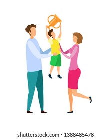 Achievement Celebration Flat Vector Illustration. Mother, Father and Son Cartoon Characters. Little Boy Holding Trophy, Proud Adults. Prize Winner with Cheerful Parents. Sport Success