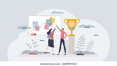 Achievement celebration for successful business goal tiny person concept. Company employees motivation with award, evaluation and accomplishment trophy vector illustration. Sales team satisfaction.