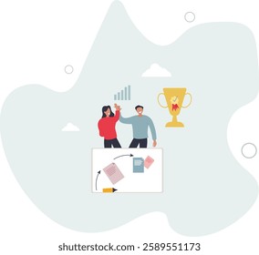 Achievement celebration for successful business goal . Company employees motivation with award, evaluation and accomplishment trophy .flat character life .