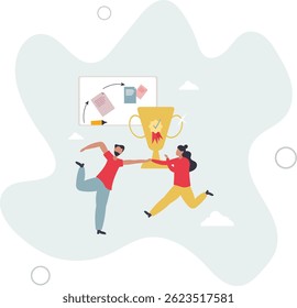 Achievement celebration for successful business goal . Company employees motivation with award, evaluation and accomplishment trophy . character life .