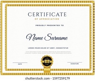 Achievement certificate design with badges and seals. Eps10 vector template.