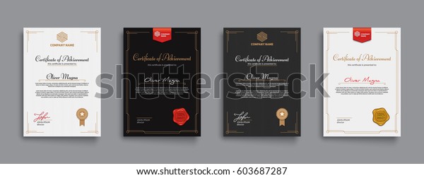 Achievement certificate design with badges and\
seals. Eps10 vector\
template.