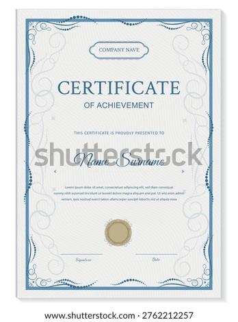 Achievement certificate template in blue tones. Vertical vector diploma in classic style with an ornamental frame for awards, recognition of merits, school, and business.
