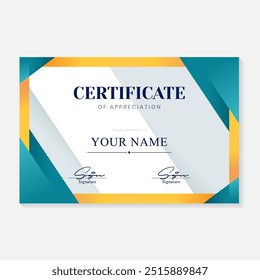 Achievement certificate template in bright green and gold colors