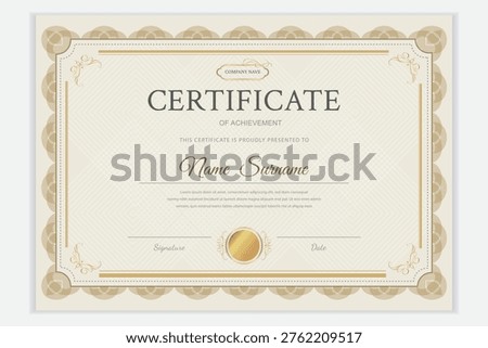 Achievement certificate template with a gold seal and classic frame. Horizontal vector in an elegant style for diploma, award, and recognition of merits. Suitable for business and education.