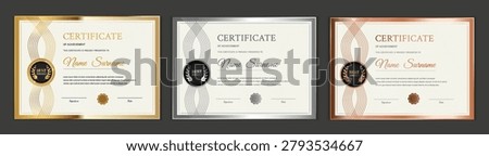 Achievement certificate template. A set of three horizontal vector layouts in gold, silver, and bronze colors. Elegant diplomas with metallic frames for business and education.