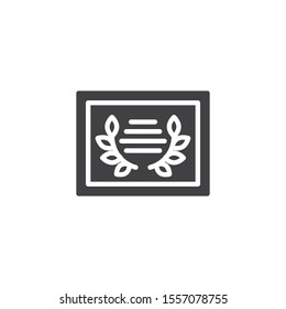 Achievement certificate vector icon. filled flat sign for mobile concept and web design. Laurel wreath award crtificate glyph icon. Symbol, logo illustration. Vector graphics