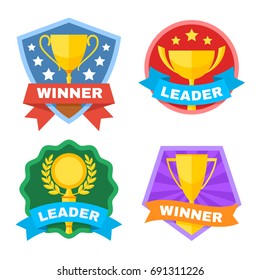 Achievement, Champ And Contest Vector Logo Set With Gold Trophy Cup. Sport Trophy Achievement, Winner And Leader Illustration