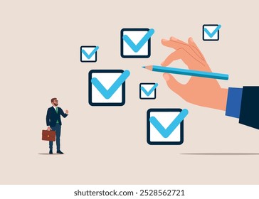 Caixa de seleção Conquista. Conclusão da tarefa. Fazendo as coisas. Documentação de aprovação e realização do projeto. Ilustração vetorial moderna em estilo plano