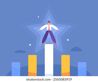 achievement concept. become a winner. succeed in developing. continue to grow and develop. performance, potential, and skill. illustration of a man succeeding in becoming a star. flat style design