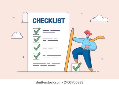 Achievement concept. Checklist for work completion, review plan, business strategy or todo list for responsibility, confident businessman standing with pencil after completed all tasks checklist.