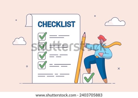 Achievement concept. Checklist for work completion, review plan, business strategy or todo list for responsibility, confident businessman standing with pencil after completed all tasks checklist.